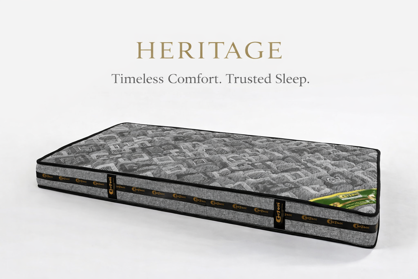 Heritage mattress on a white background with branding text.