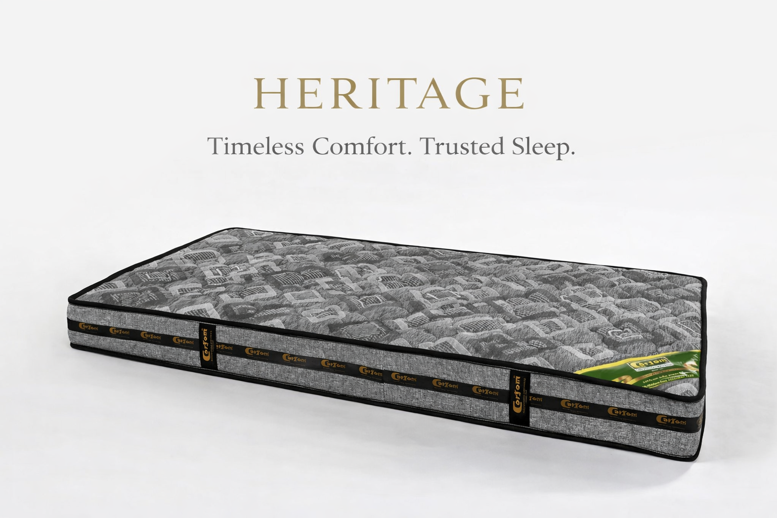 Heritage mattress on a white background with branding text.